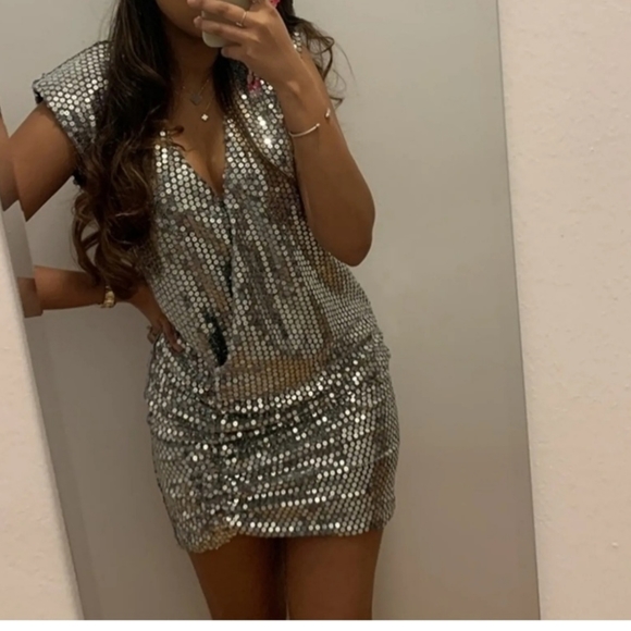 New Zara draped sequin size S mini dress silver metallic - Picture 8 of 12